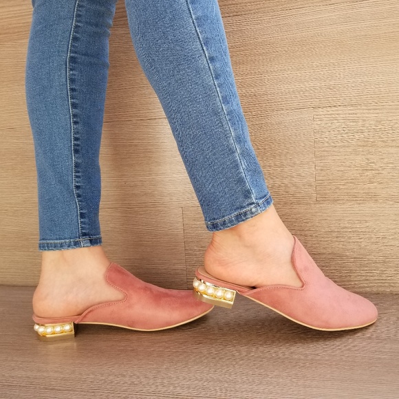Suede Slip On Loafer Mule Pearl Accents on Heel - Picture 2 of 7